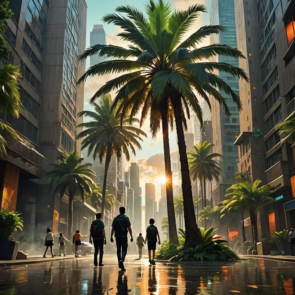 Vibrant Palm in Cityscape: Digital Art