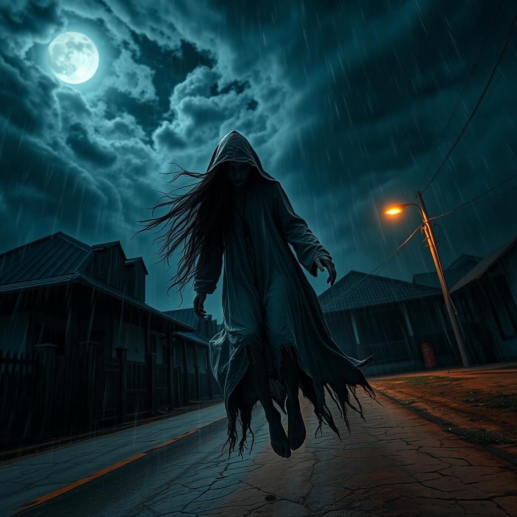 Ghostly Woman in Stormy Village Night, Cinematic