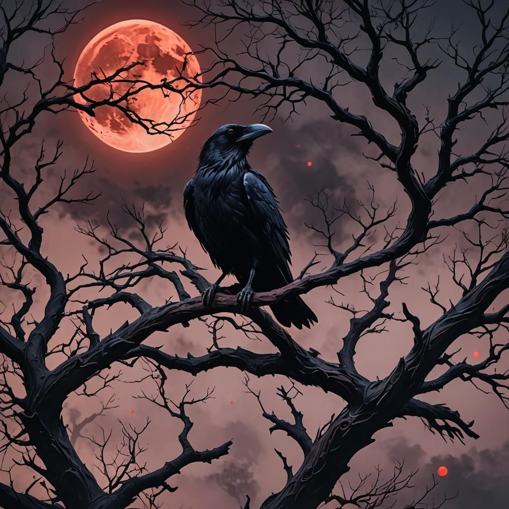Raven on Twisted Branch in Dark Anime Style