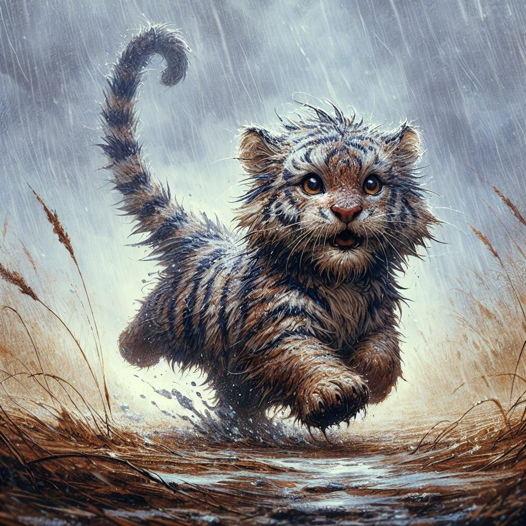 Magical Tiger Cub Running in Stormy Field