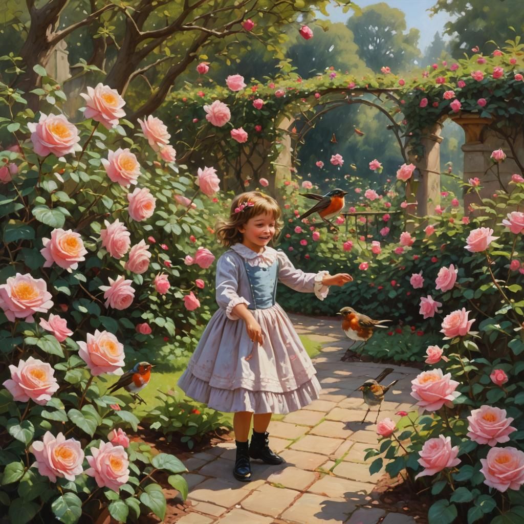 Robin and Girl in Rose Garden Oil Painting