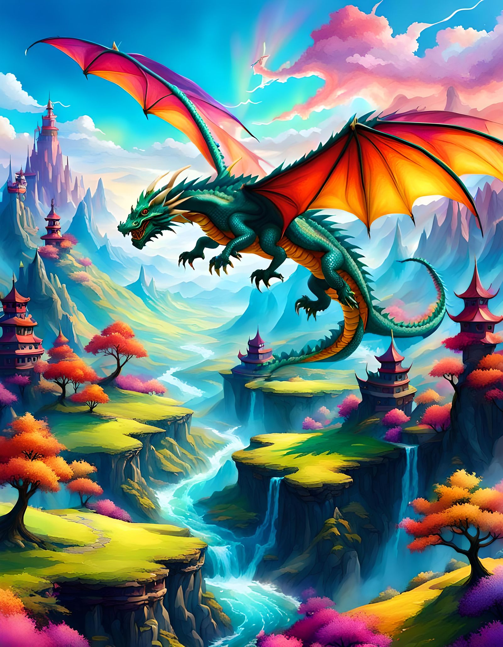 Dragon Flight Over Colorful Fantasy World
