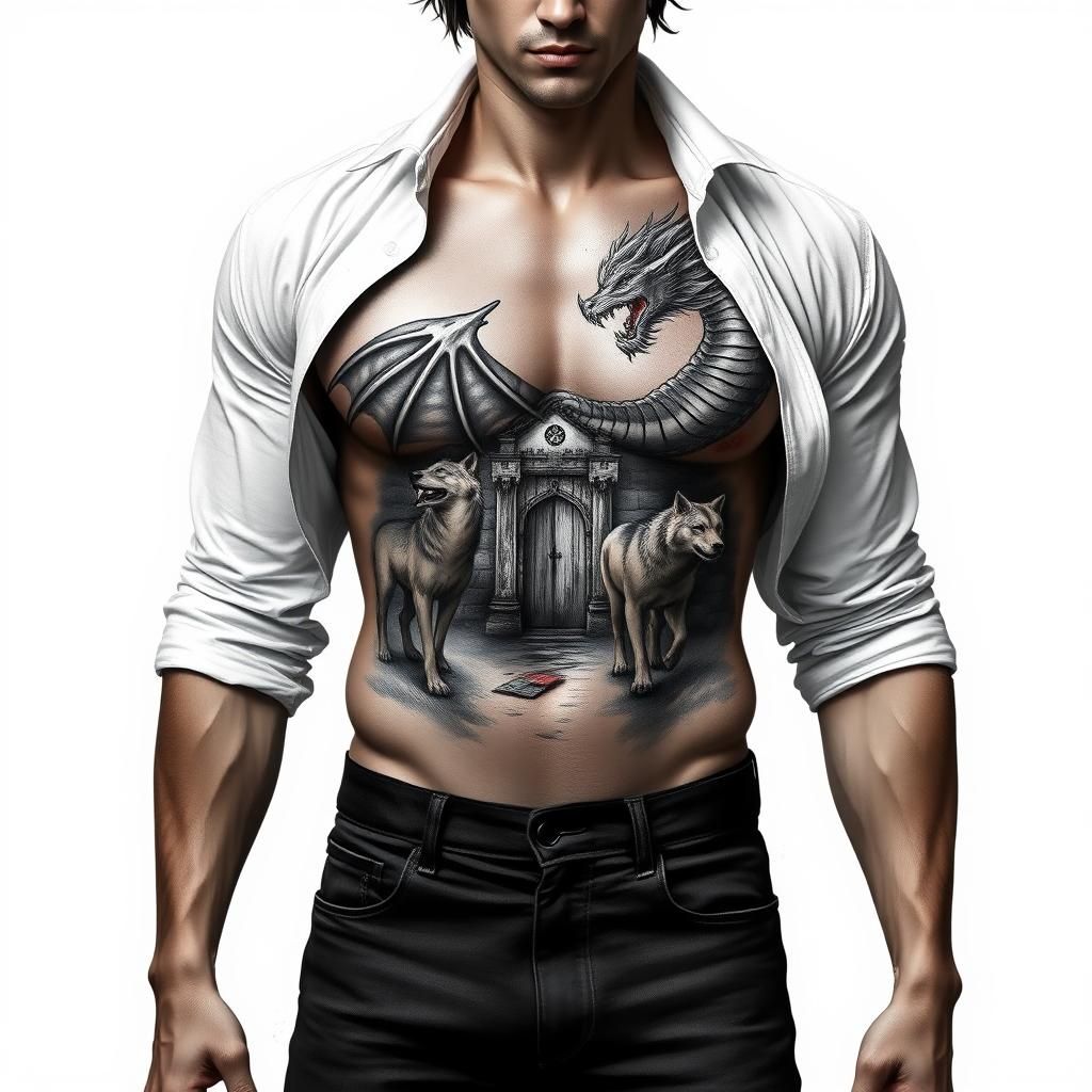 Dragon Tattoo: Hyperrealistic Male Portrait in Charcoal