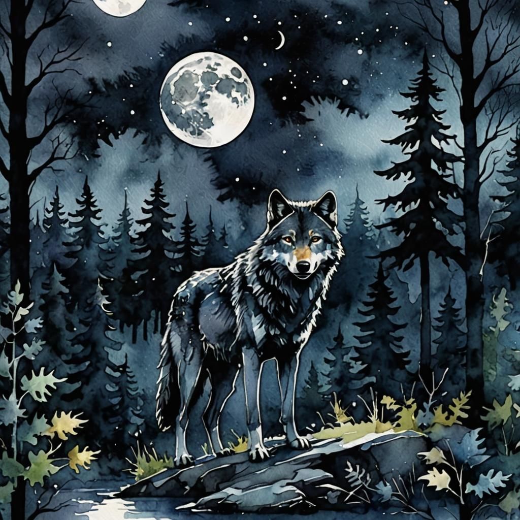 Abstract Watercolor Wolf Howling at Moon
