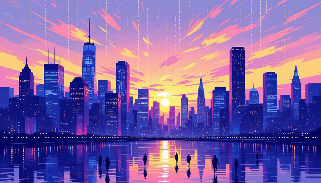 Coded Impressionism Cityscape Digital Painting at Sunset