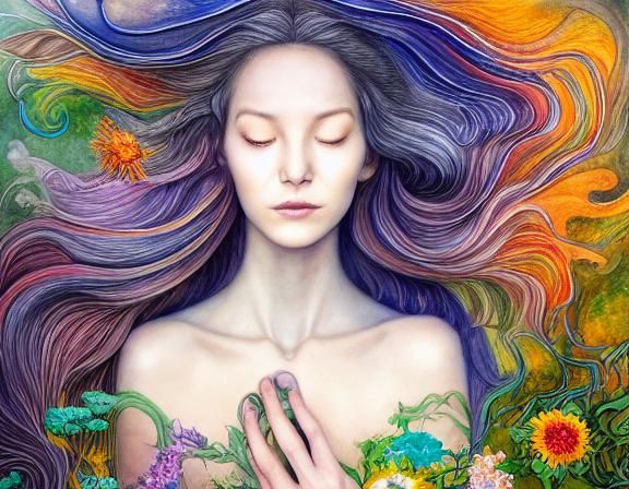 Woman with Flower in Etching Aquatint Style