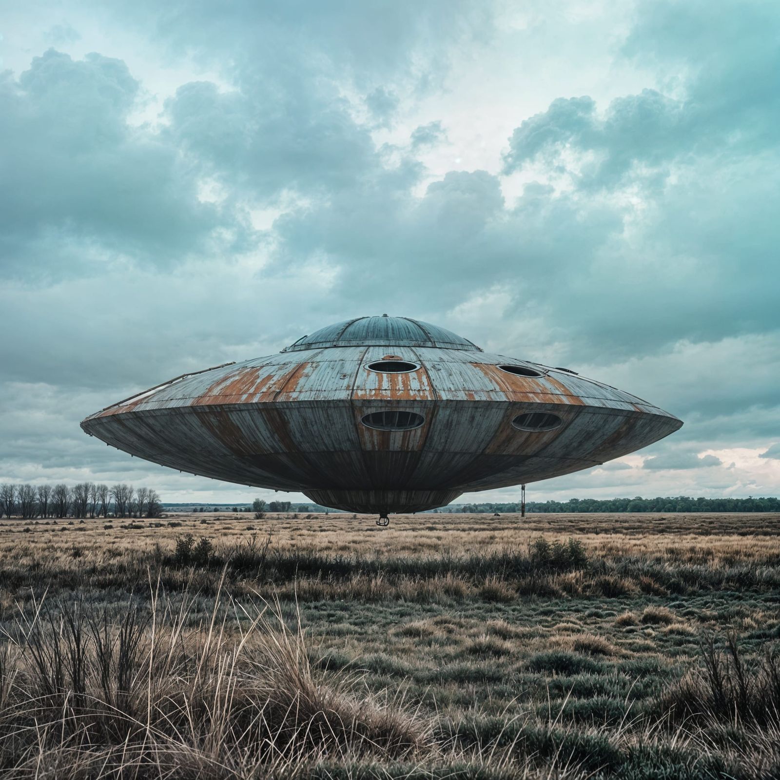 Abandoned UFO in Desolate Field: Moody Film Style