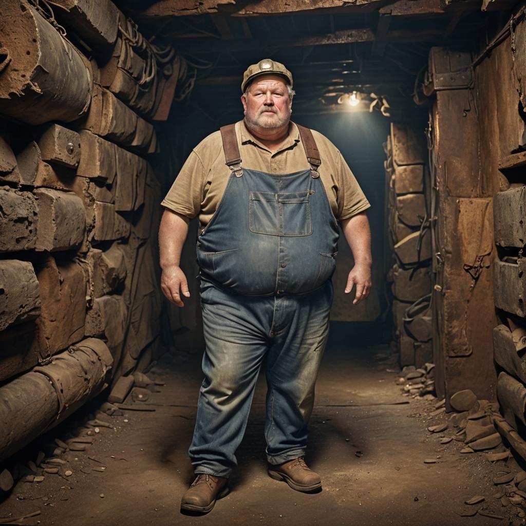 Obese Miner in Dimly Lit Mine Shaft: Hyper-Realistic Photo