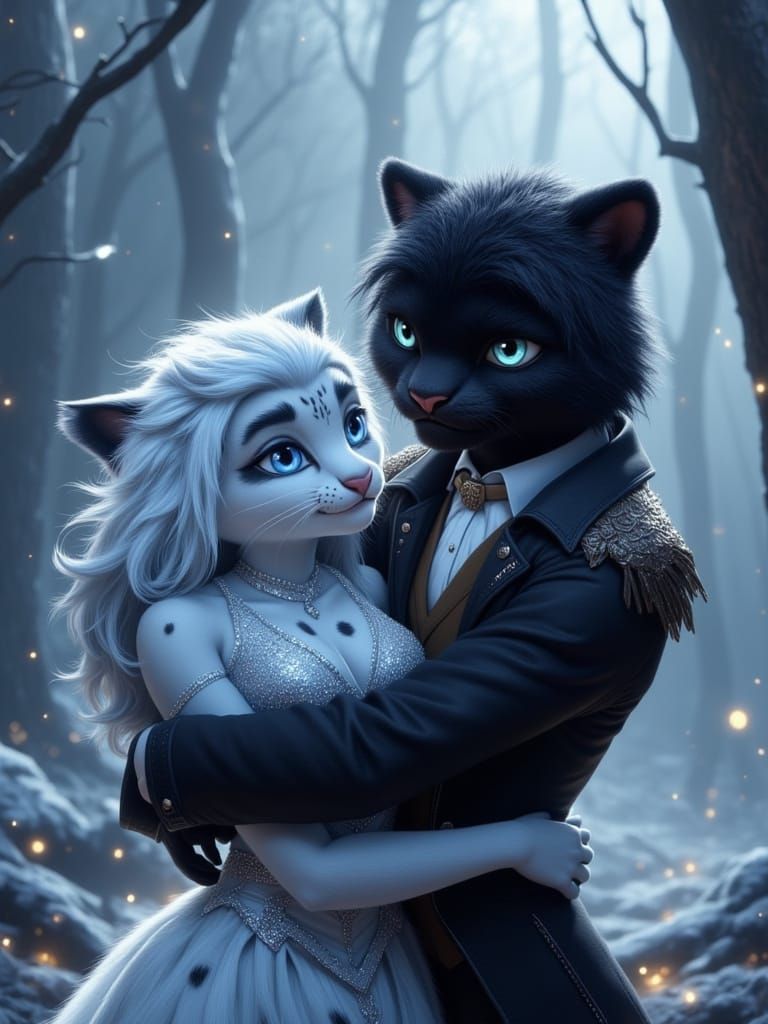 Anthro Couple Hugging in Fantasy Forest