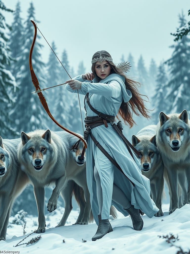 Warrior Woman Defending Against Wolves in Winter Forest