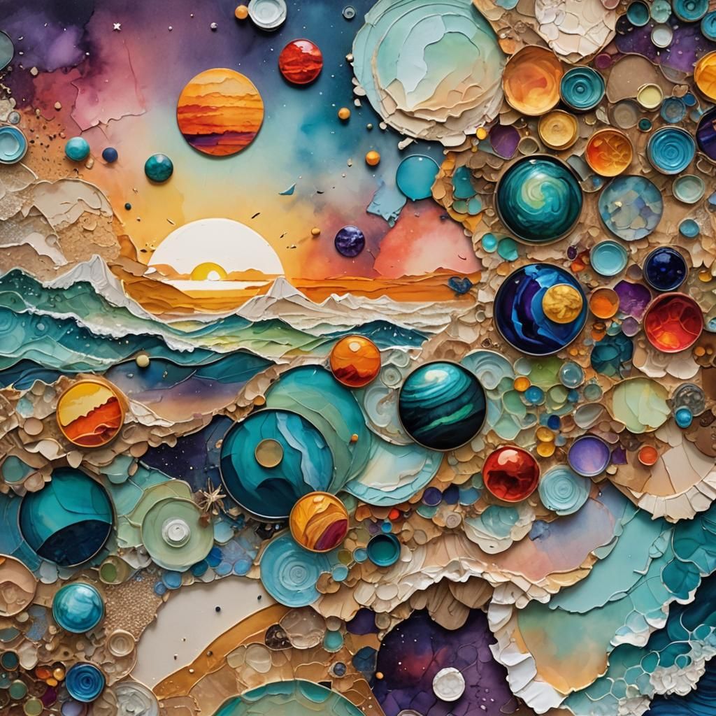Art Deco Planets at Sunrise in Paper Collage