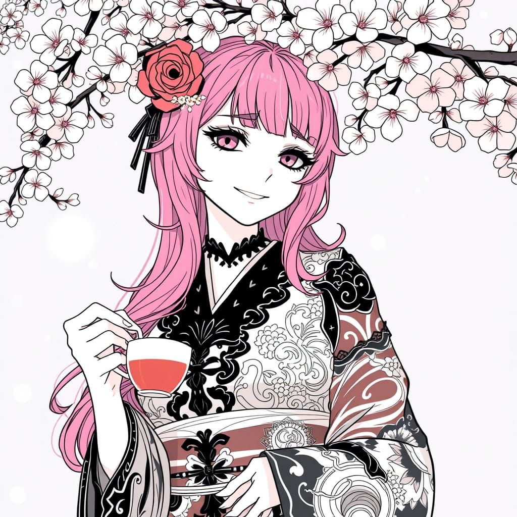 Elegant Gothic Goddess Serves Tea Under Cherry Blossoms