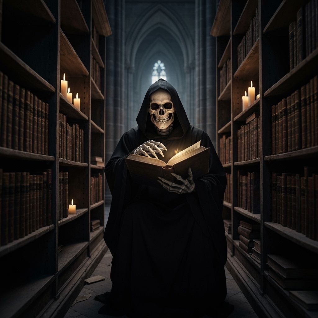 Grim Reaper Studying in Library, Rembrandt Style
