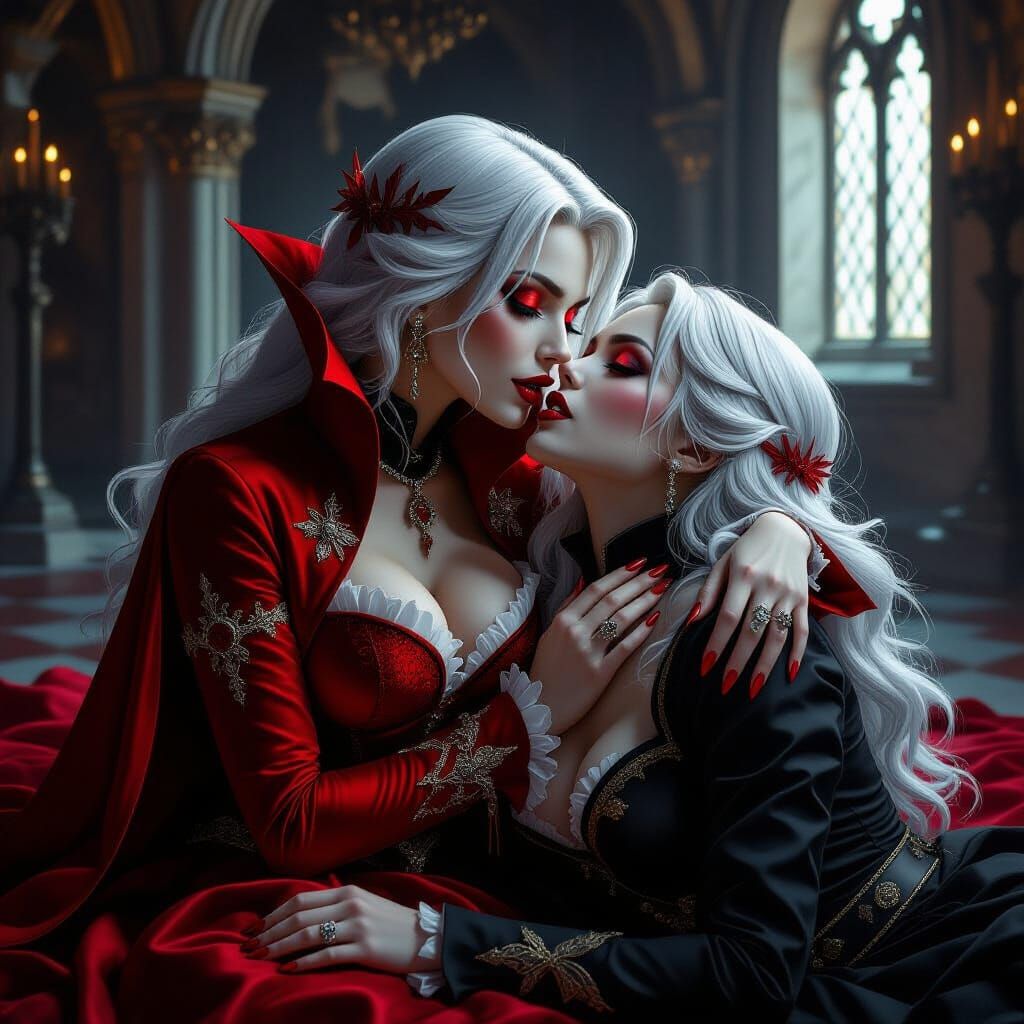 Vampire Lovers in Castle Hall, Hyperrealistic Fantasy Art