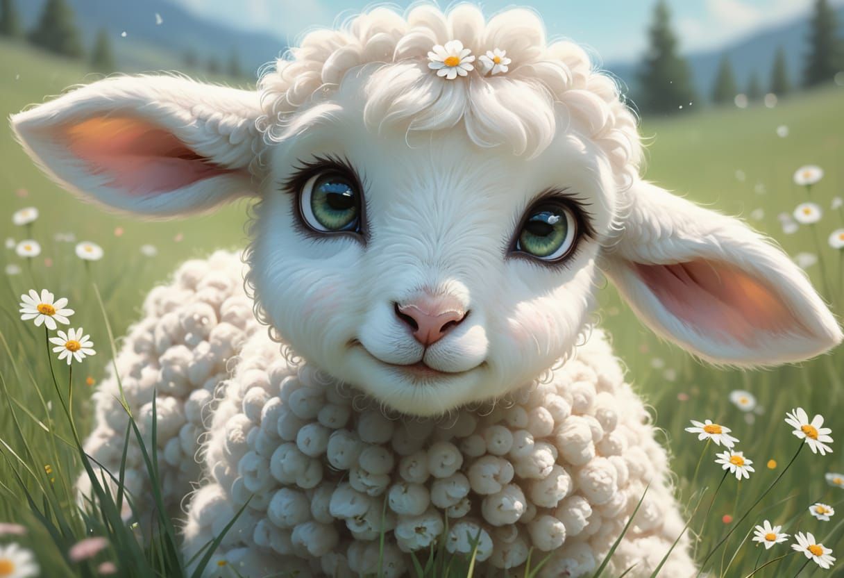 Cute Lamb in Flowery Meadow Storybook Illustration
