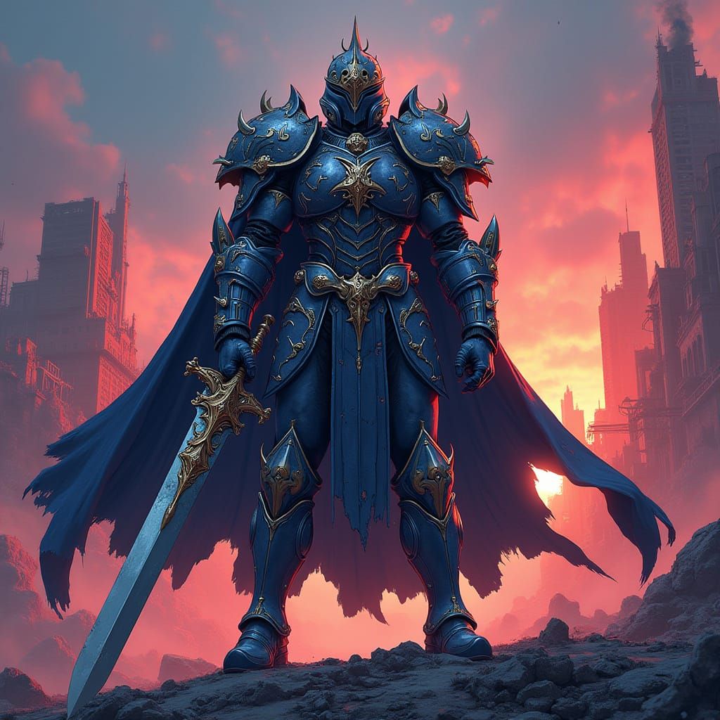 Heroic Warrior in a Ravaged Cityscape, in a Cyberpunk Anime ...