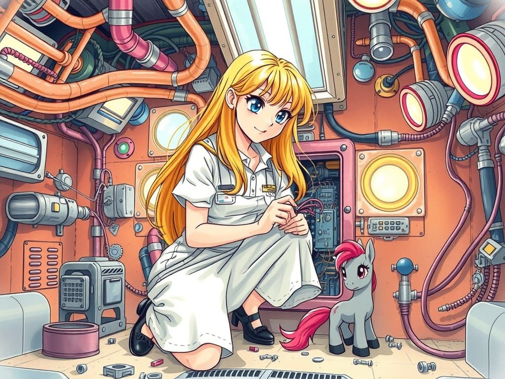 Whimsical Space Engine Room Scene in Delicate Manga Style