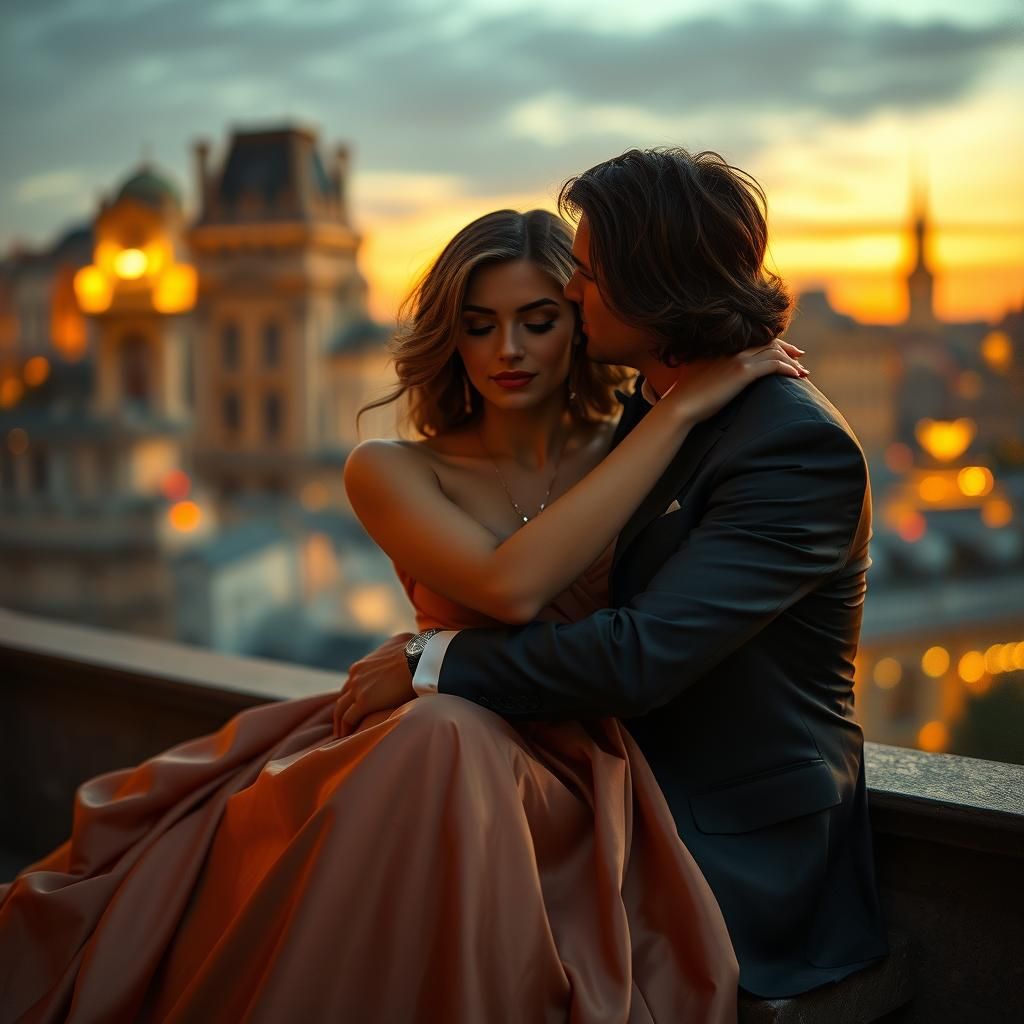 Romantic Couple Embrace in Impressionistic Sunset Scene