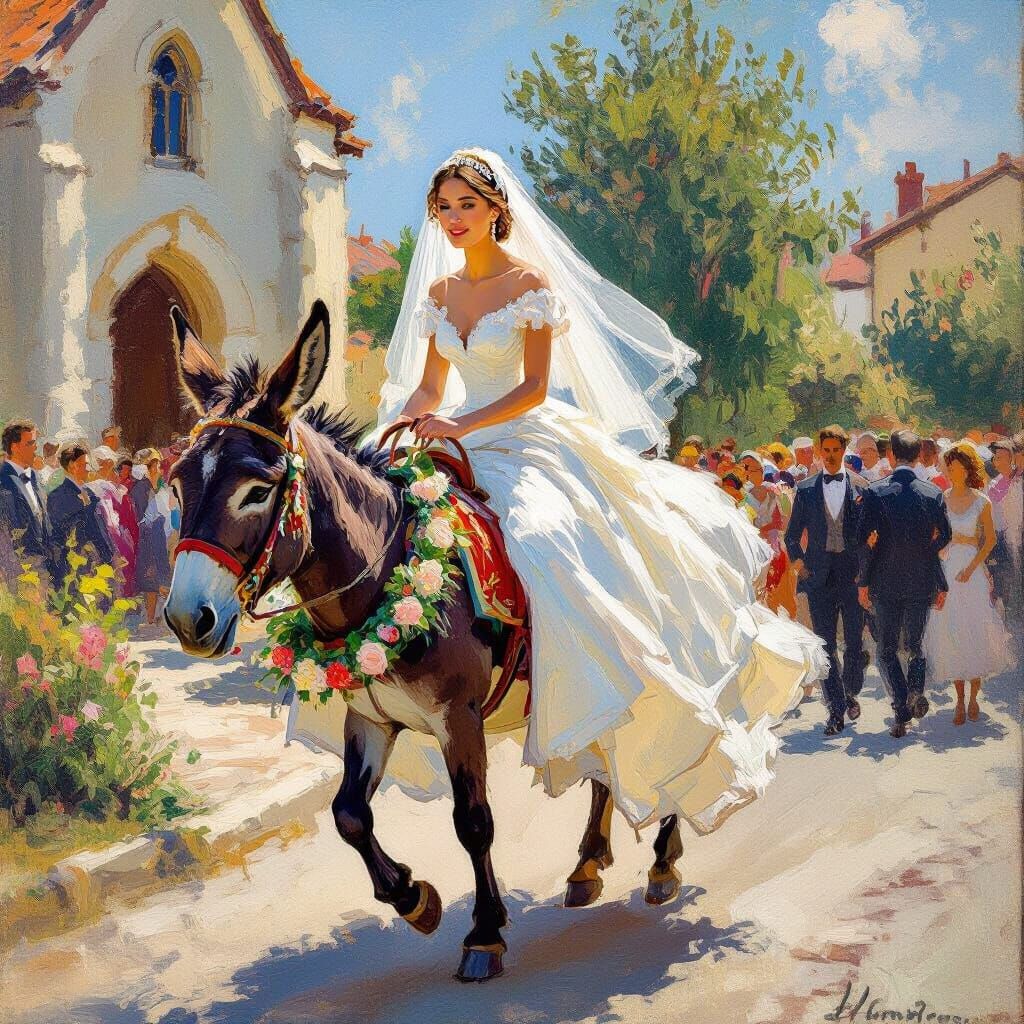 Bride Rides Donkey to Church: Impressionist Style