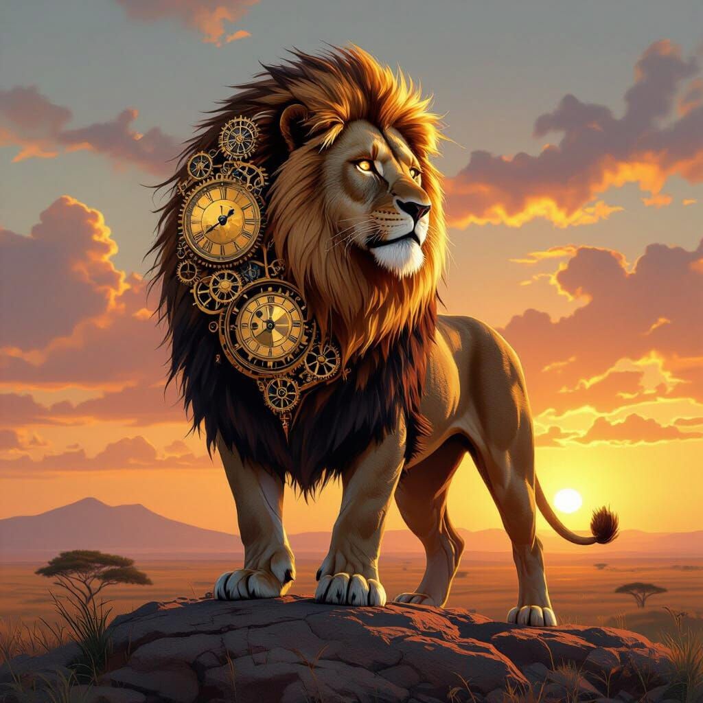 Clockwork Lion Overlooking African Sunset, Digital Art