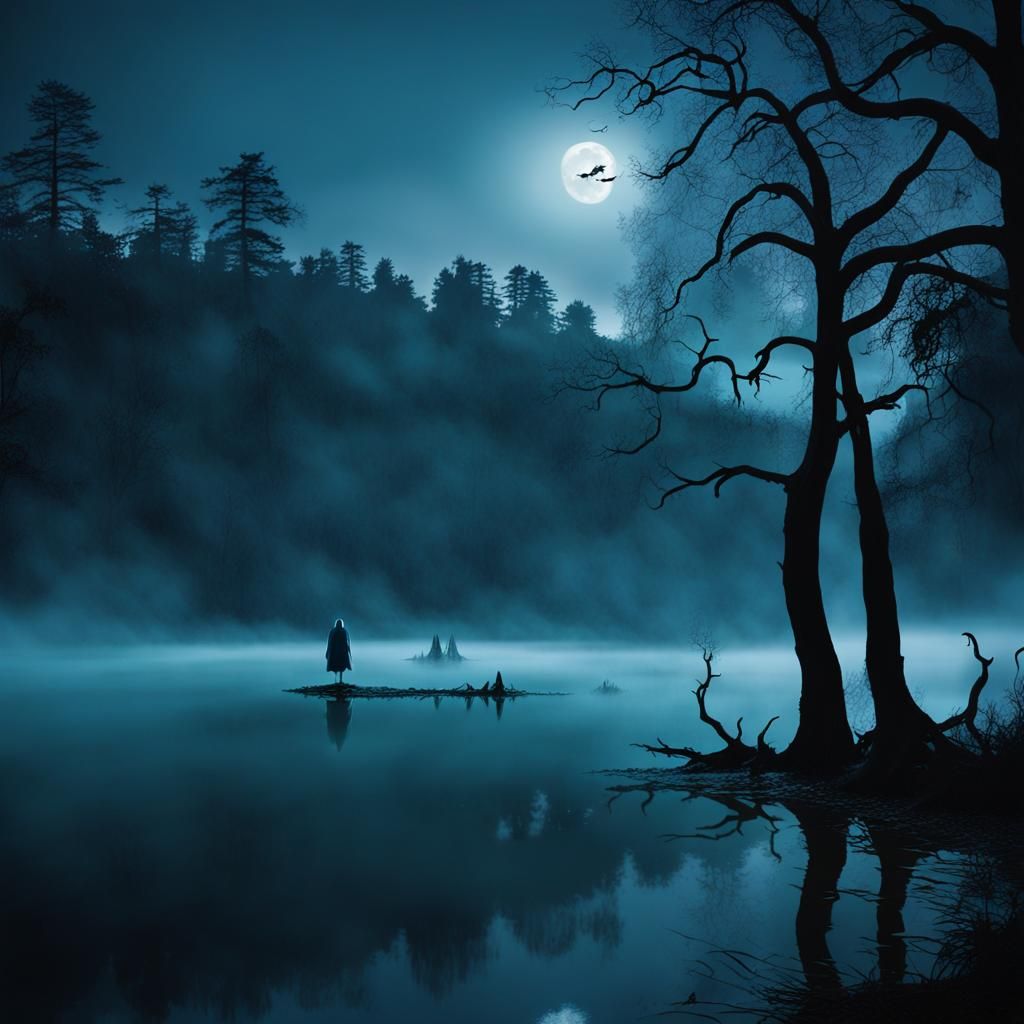 Eerie Lake with Ghostly Figure and Owls