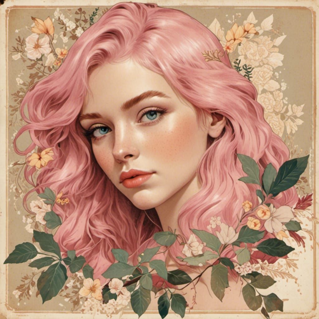 Pink-Haired Woman Portrait in Vintage Collage Style