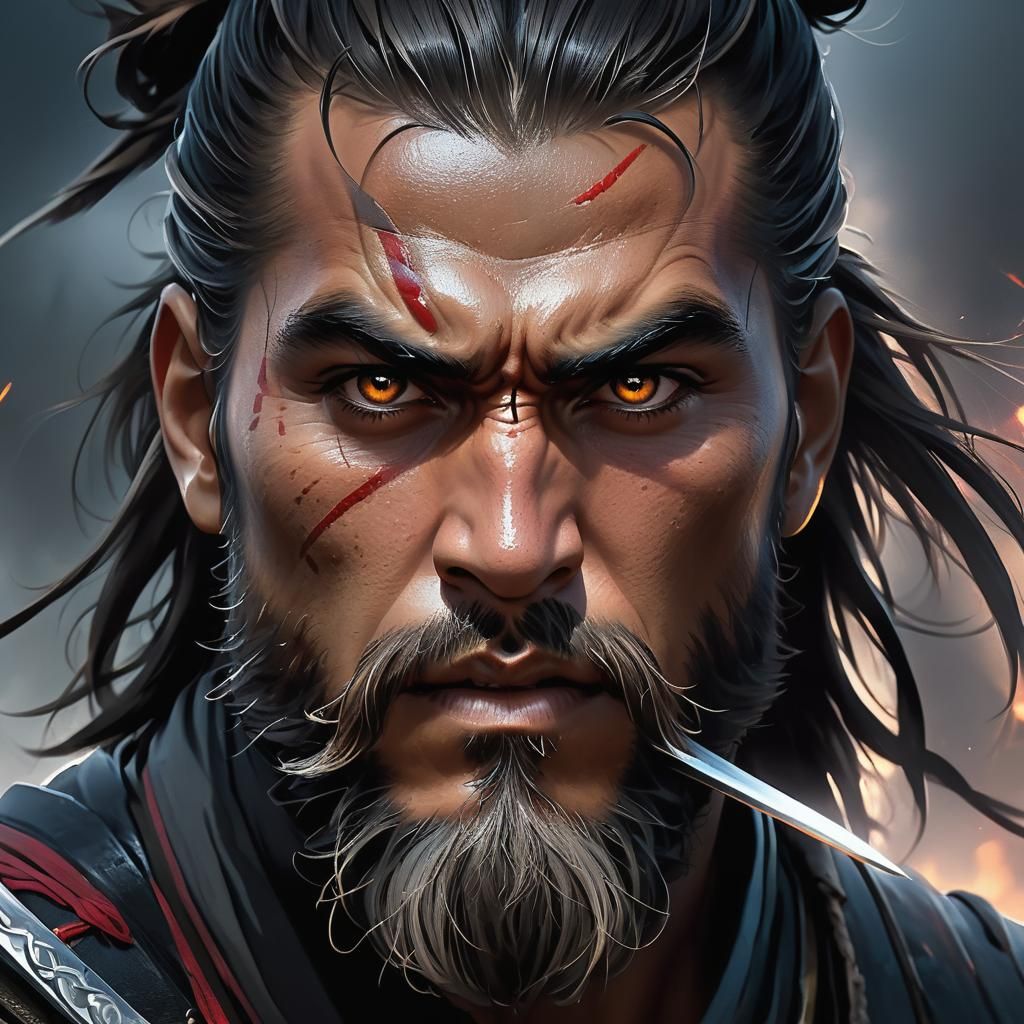 Warrior with Katana in Dark Fantasy Forest