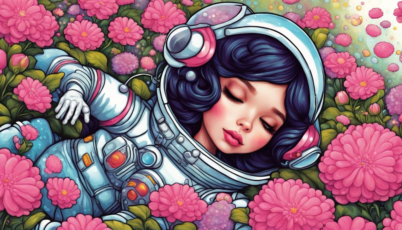 Kawaii Astronaut Basks in Garden of Vibrant Flowers