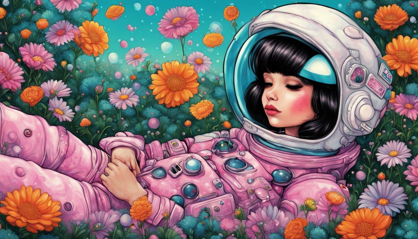 Vibrant Bubblegum Astronaut in Whimsical Garden Setting