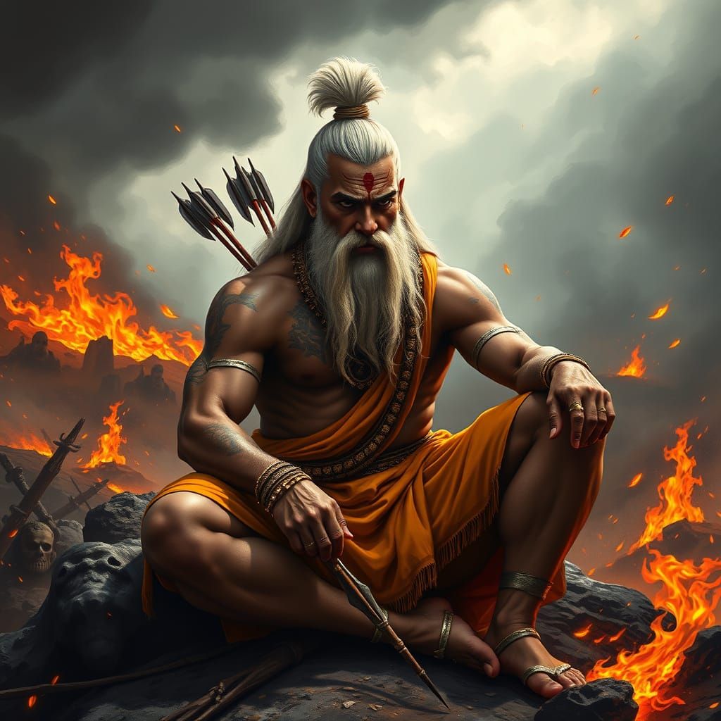 Mythological Warrior in Battlefield, Hyper-Realistic Art