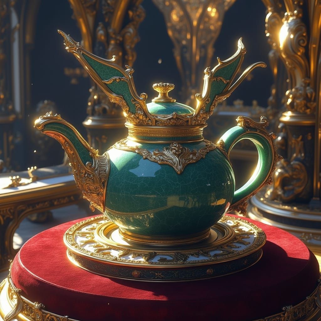 Intricately Carved Jade Teapot with Gold Inlay