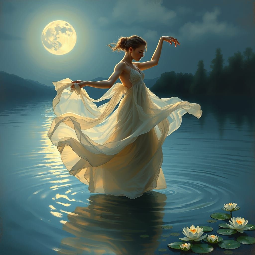 Serenely Dancing Woman Under Moonlit Lake