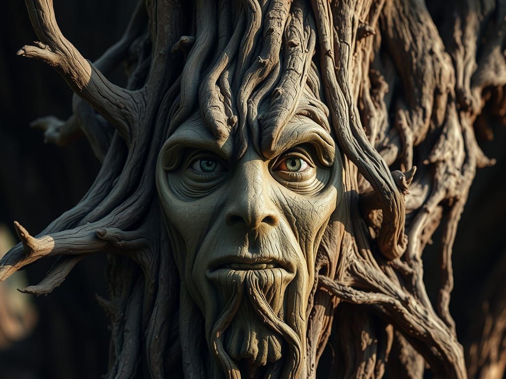 Ancient Tree Face in Eerie, Magical Light