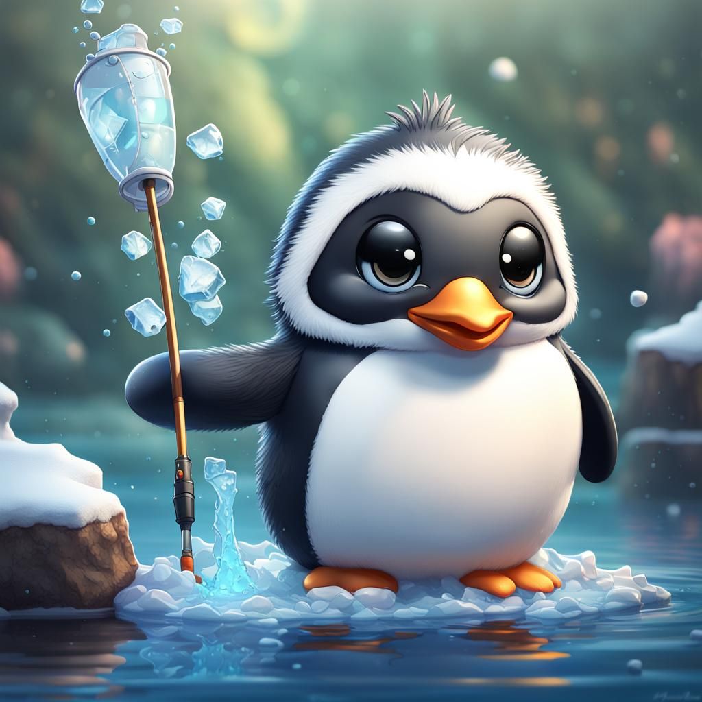 Cute Chibi Penguin Ice Fishing, Digital Illustration