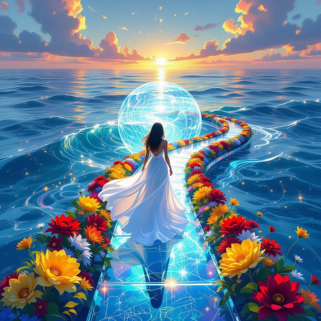 Hologram Projection of Girl Above Ocean in Neon Light