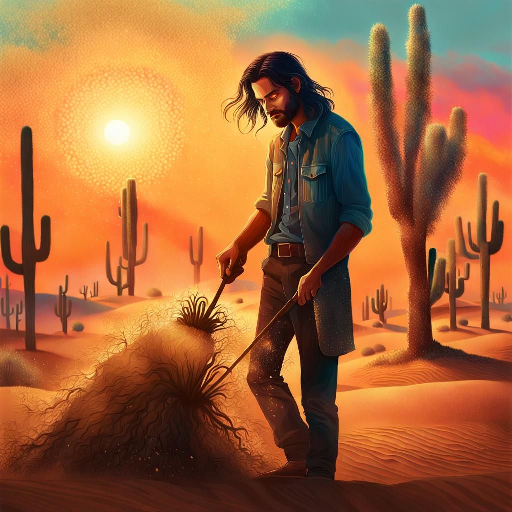 Man Plants Trees in Desert: 8K Digital Art