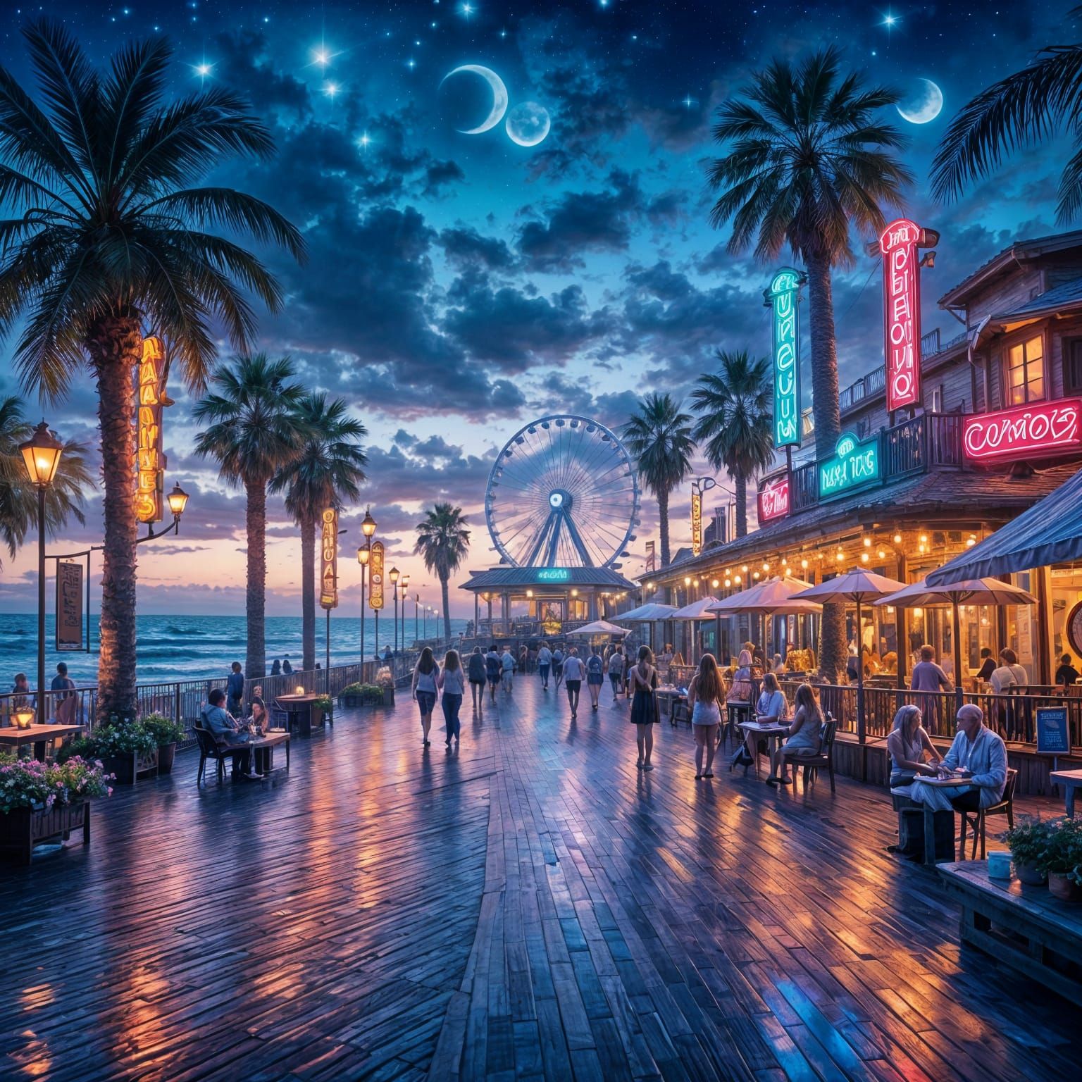 <lora:Empaste:1.0> A magical summer night by the sea, with a quiet wooden boardwalk stretching into the distance. Neon s...