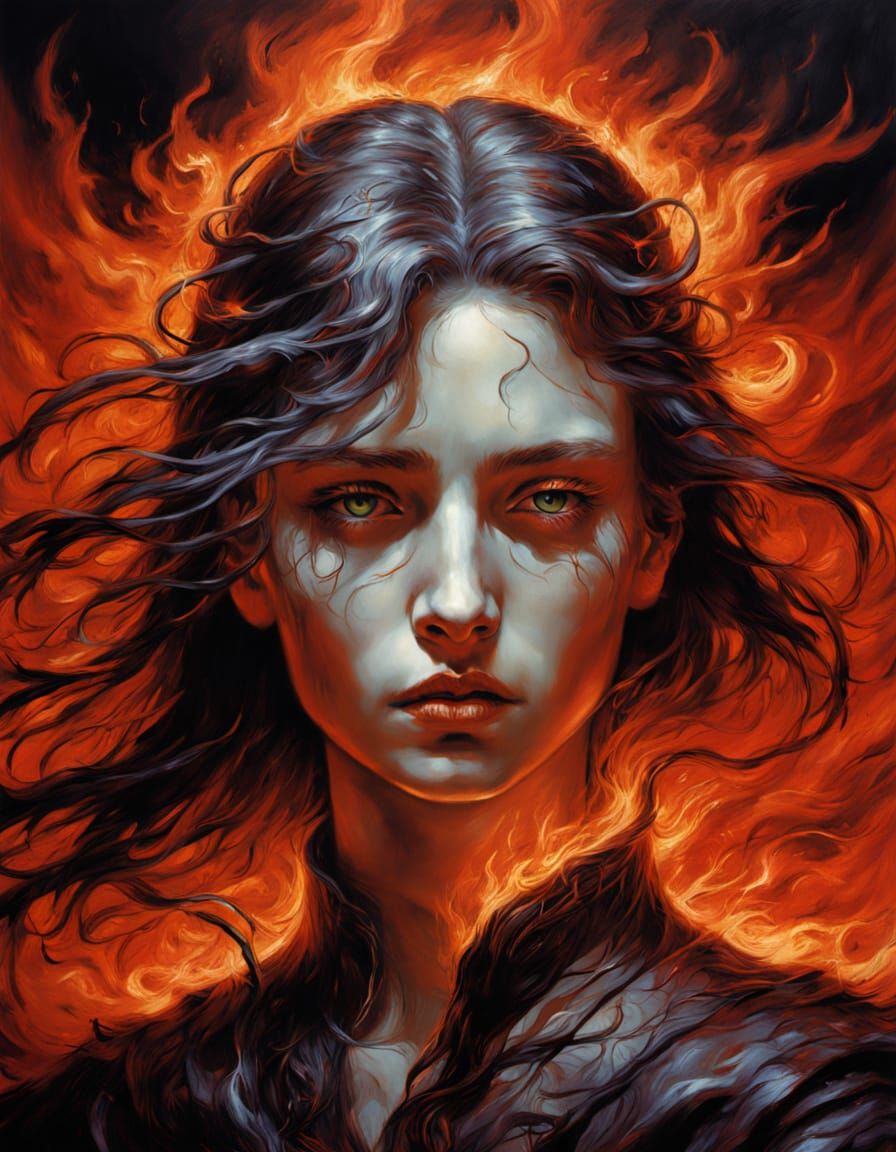 Surreal Red Angel Emerging From Flames