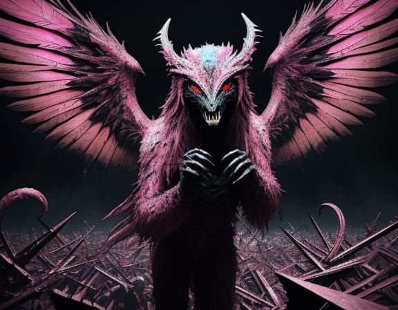 Winged Monster Takes Selfie in Neon Chaos