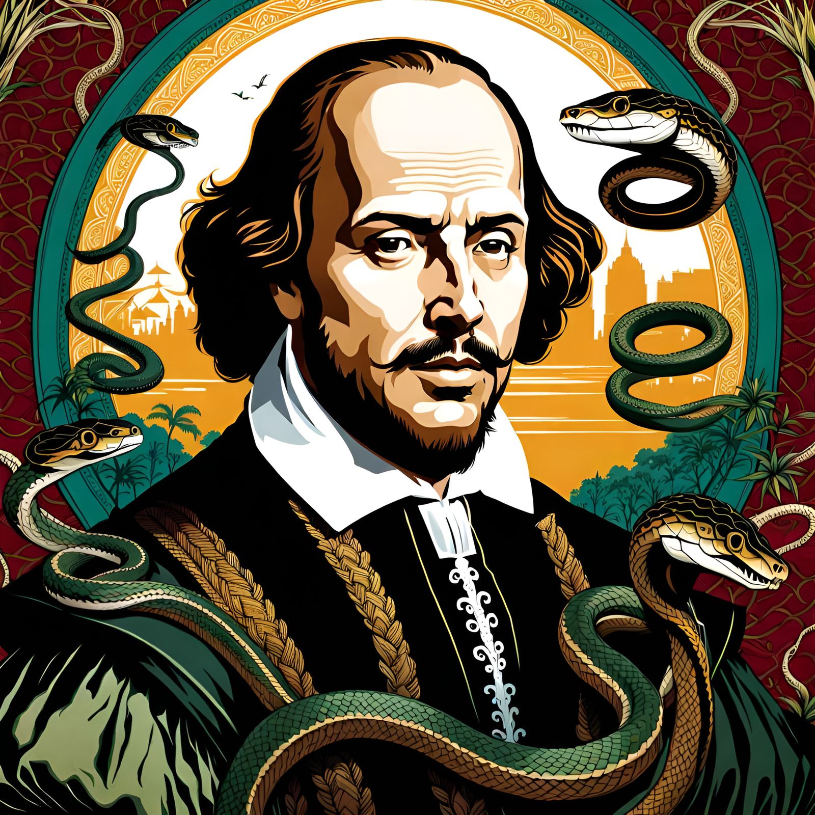 Shakespeare Surrounded by Snakes: A Whimsical Portrait