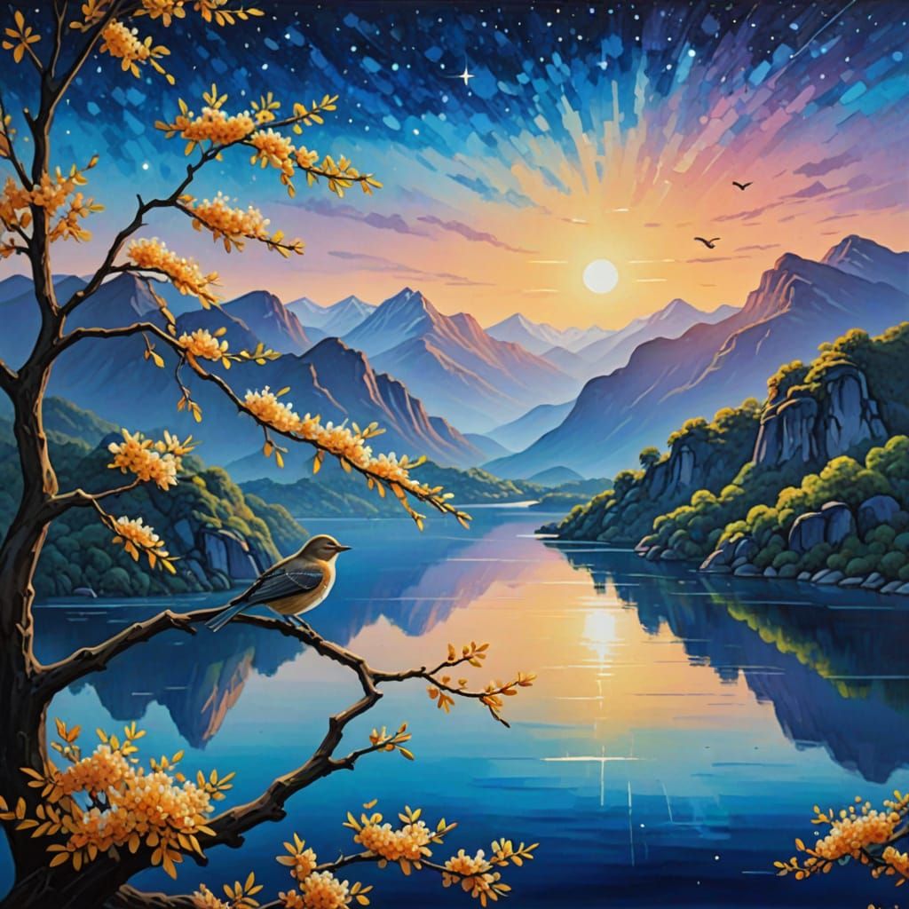 Nightingale Sings Over Sapphire Lake: Oil Painting