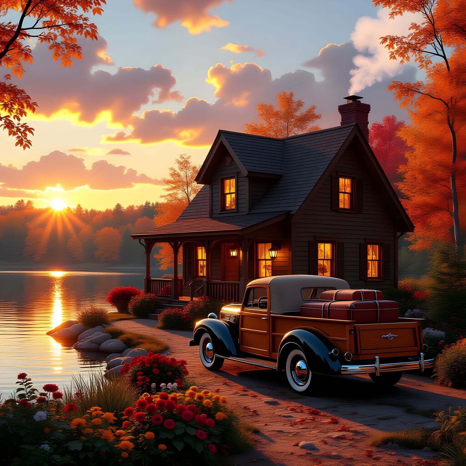 Cozy Fall Cottage by Lake in Sunset Light