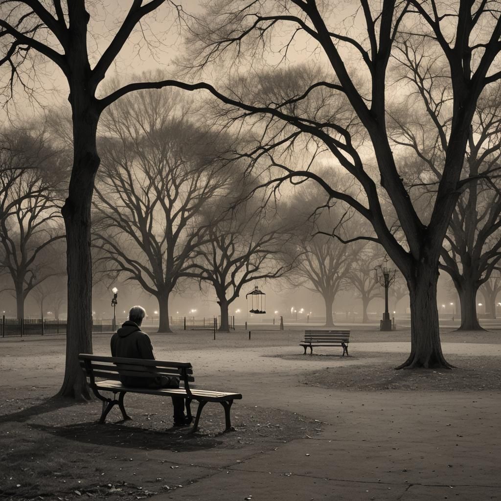 Twilight Solitude in Abandoned Park: Grayscale Matte Paintin...