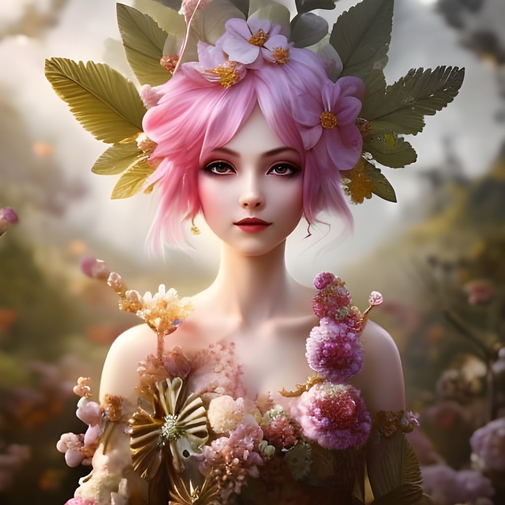 Happy Pink Blossom Fairy Portrait in Dark Fantasy Style