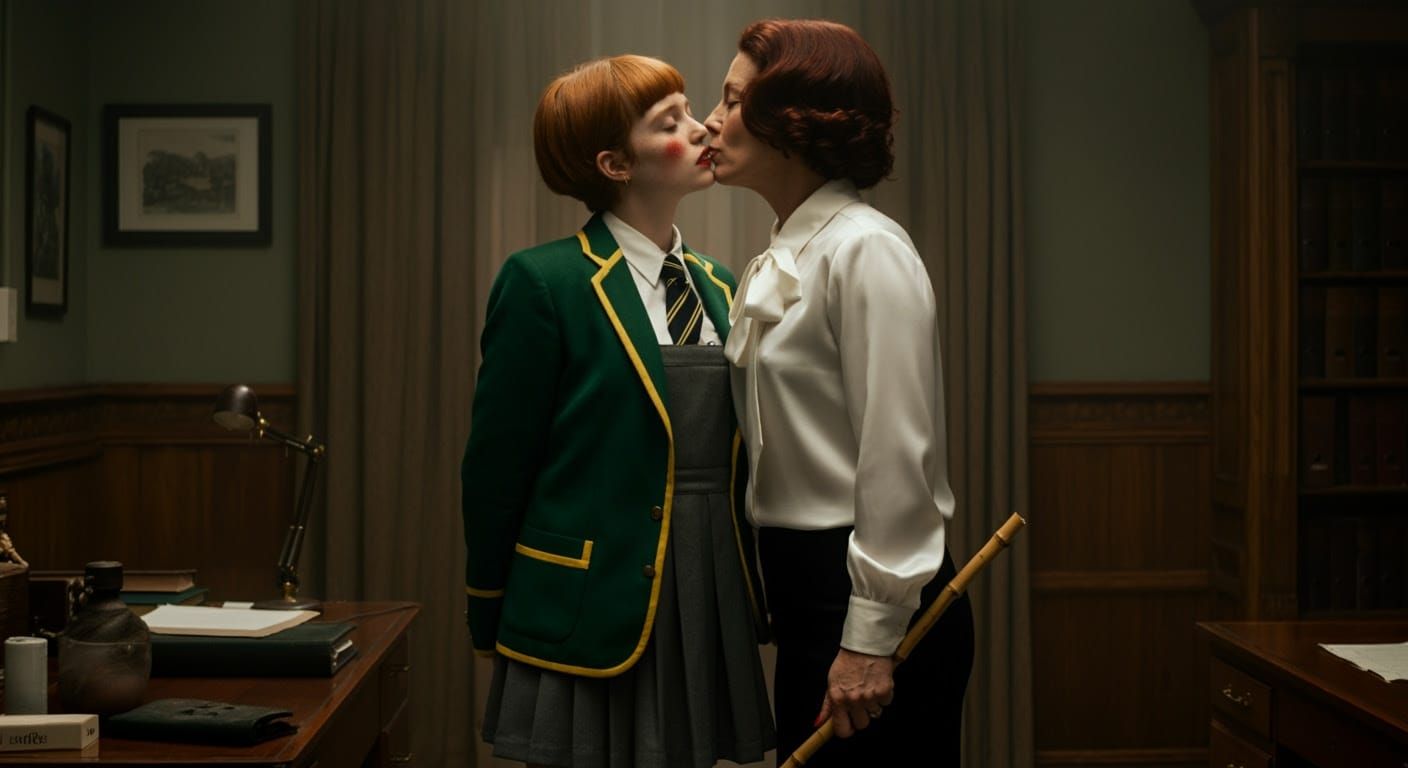 A 1960s School Scene in Photorealistic Style: A Headmistress...