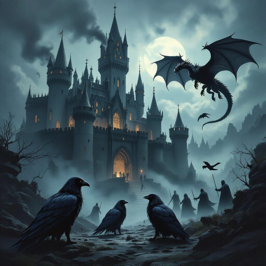 Gothic Castle Under Siege by Ghostly Warriors and Dragon