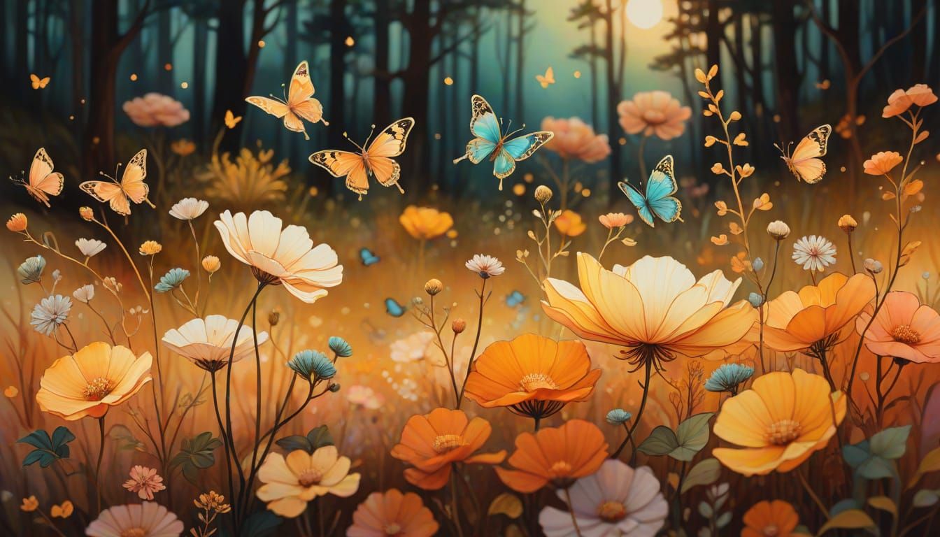 Golden Hour Forest Path with Flowers and Butterflies