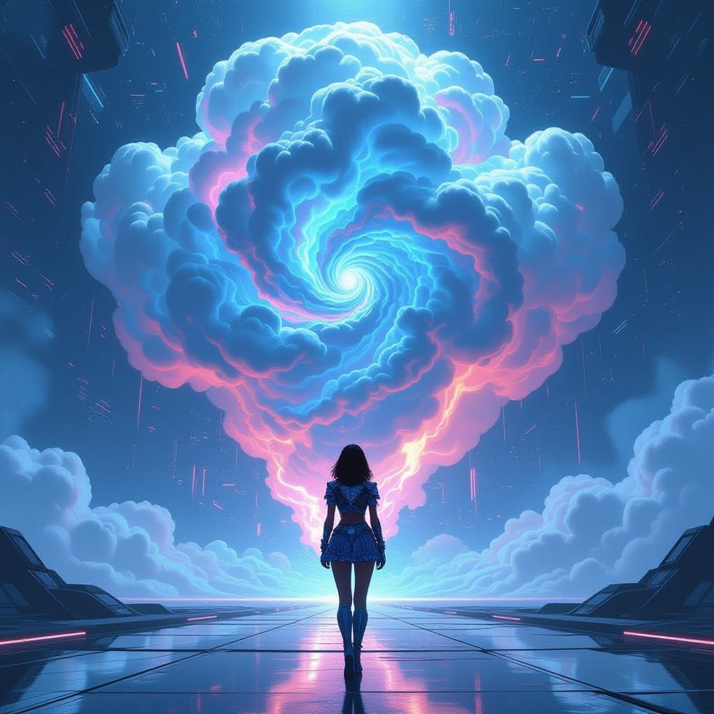 Cyberpunk Woman Contemplates Eventful Cloud in Concept Art S...