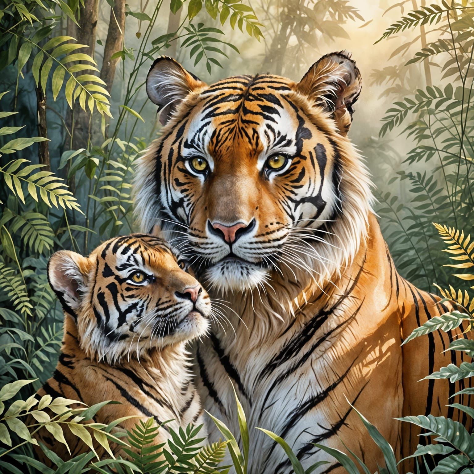 Mother Tiger and Cub in Warm Watercolor