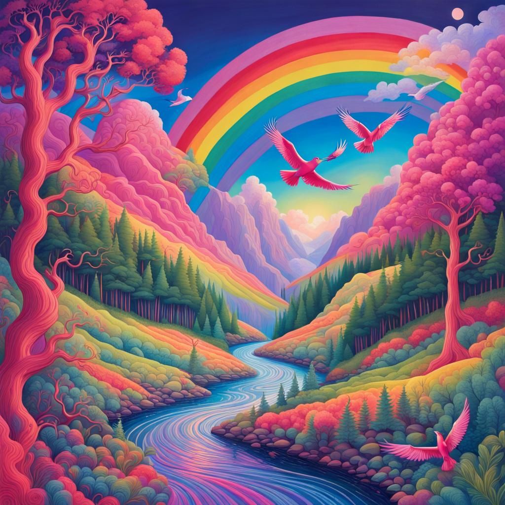 Vibrant Purple Forest Landscape with Rainbow Birds
